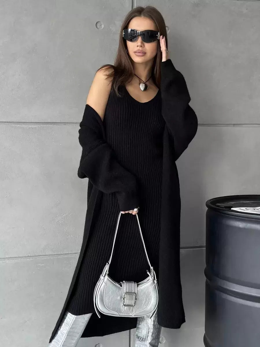 Elegant Jewel Neck Long Sleeves Outerwear 2pieces Set Knitted Dress