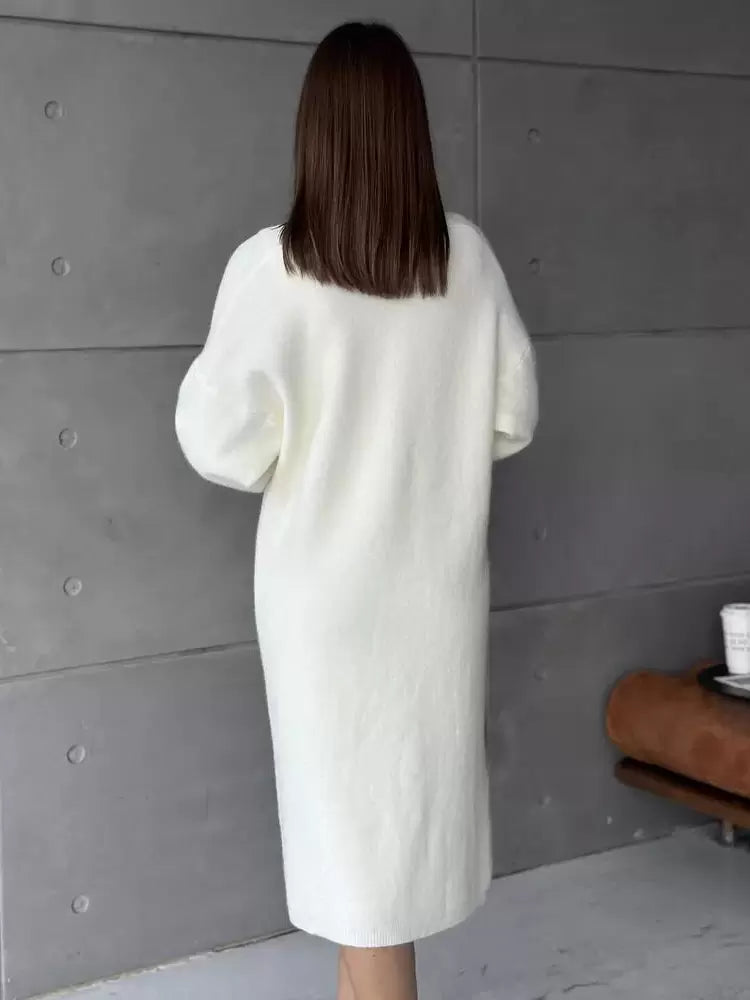 Elegant Jewel Neck Long Sleeves Outerwear 2pieces Set Knitted Dress