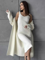 Elegant Jewel Neck Long Sleeves Outerwear 2pieces Set Knitted Dress