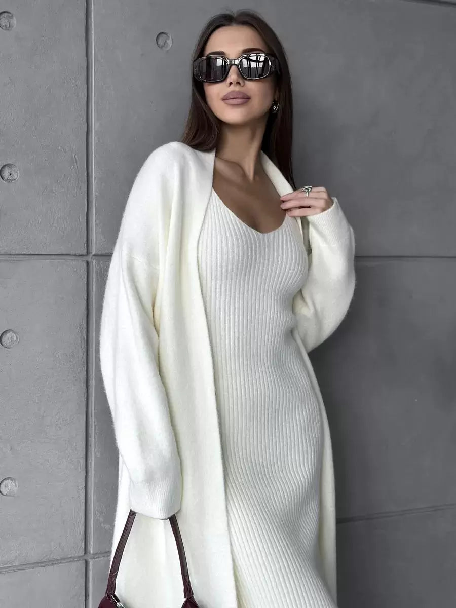 Elegant Jewel Neck Long Sleeves Outerwear 2pieces Set Knitted Dress