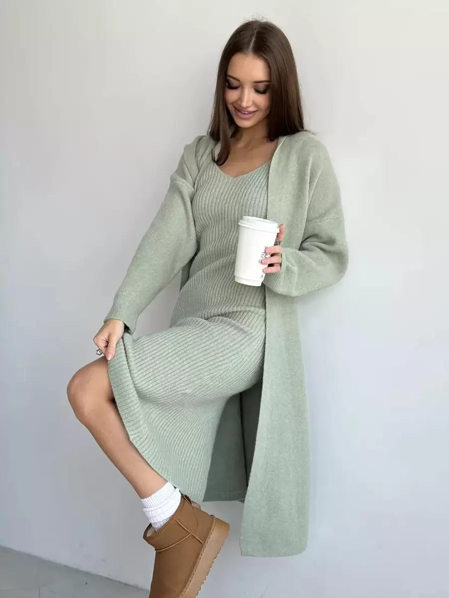 Elegant Jewel Neck Long Sleeves Outerwear 2pieces Set Knitted Dress