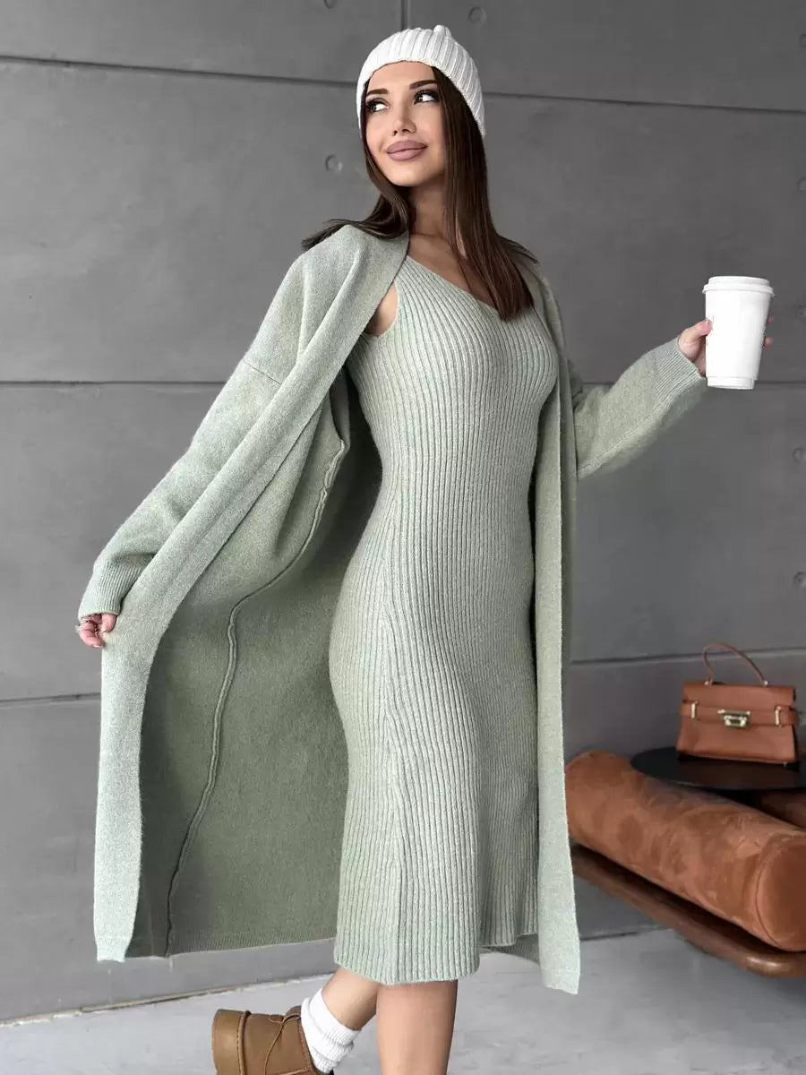 Elegant Jewel Neck Long Sleeves Outerwear 2pieces Set Knitted Dress