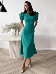 Elegant Jewel Neck Puff Short Sleeve Polyester Beach Midi Dress