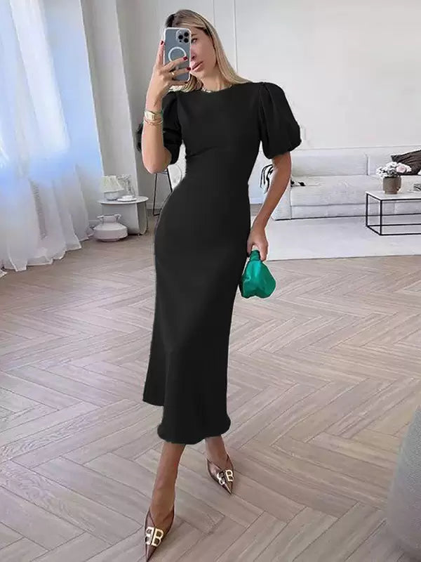 Elegant Jewel Neck Puff Short Sleeve Polyester Beach Midi Dress