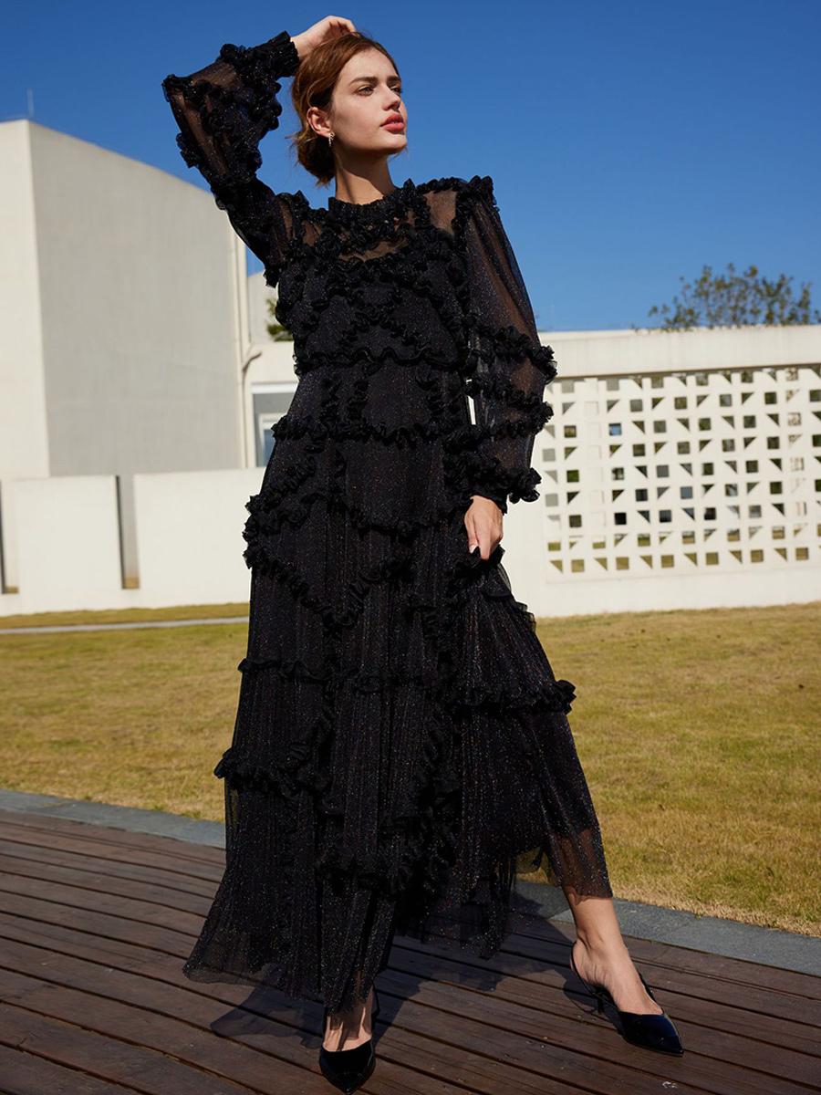 Elegant Jewel Neck Ruffles Illusion Long Sleeves High Collar Tulle Party Maxi Dresses