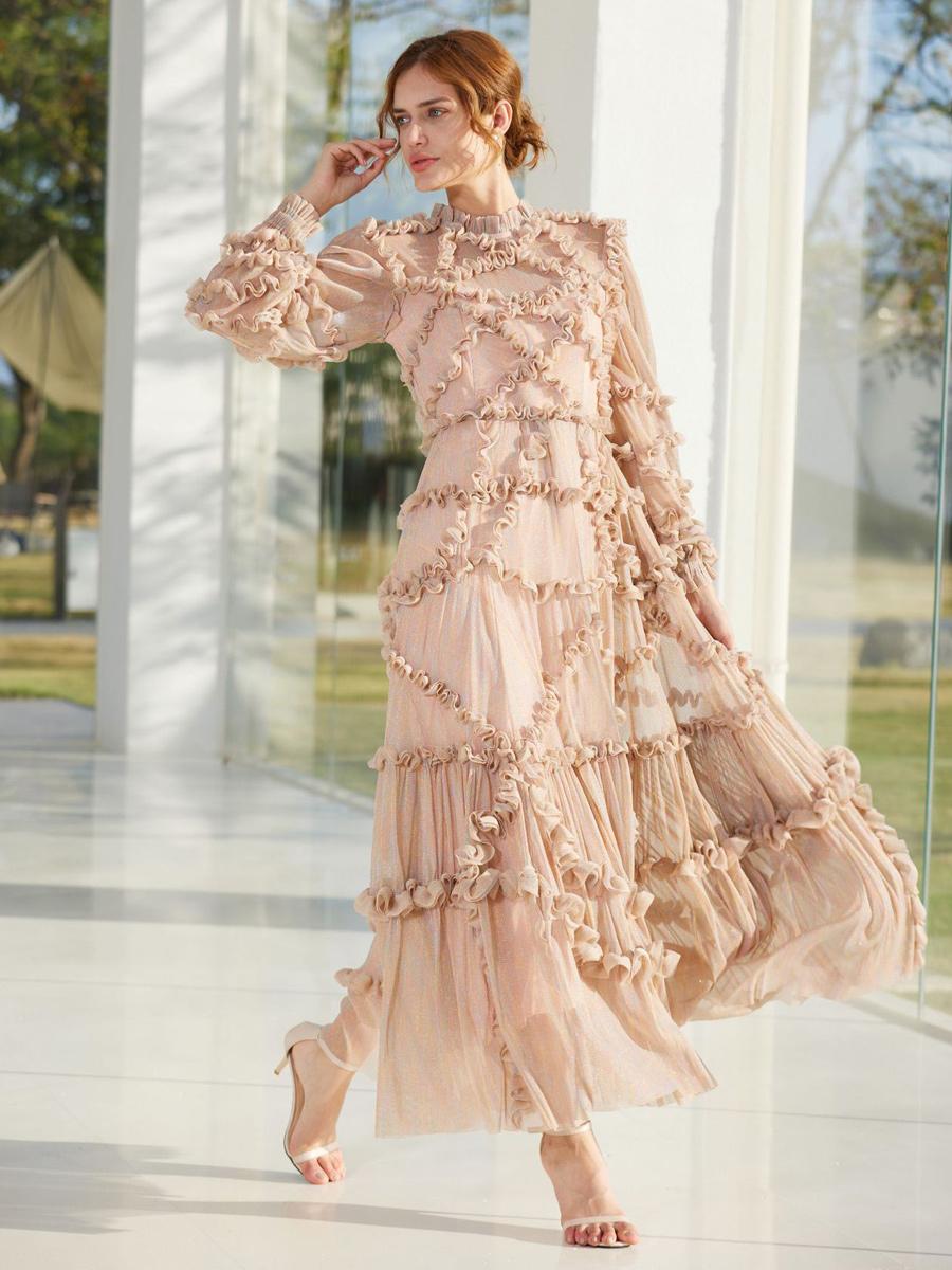 Elegant Jewel Neck Ruffles Illusion Long Sleeves High Collar Tulle Party Maxi Dresses