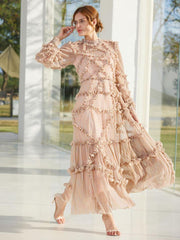 Elegant Jewel Neck Ruffles Illusion Long Sleeves High Collar Tulle Party Maxi Dresses