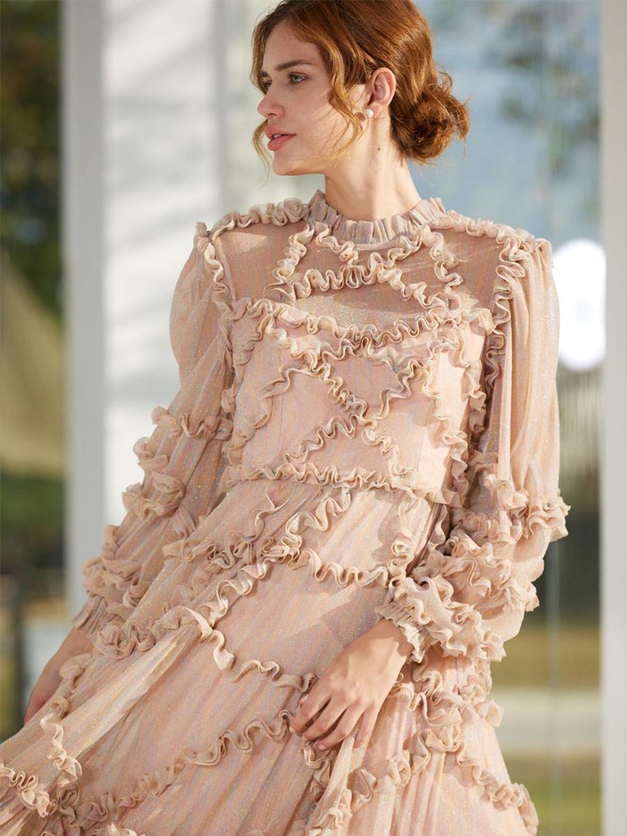 Elegant Jewel Neck Ruffles Illusion Long Sleeves High Collar Tulle Party Maxi Dresses