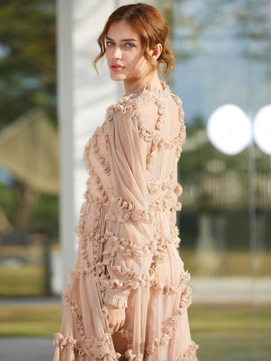 Elegant Jewel Neck Ruffles Illusion Long Sleeves High Collar Tulle Party Maxi Dresses