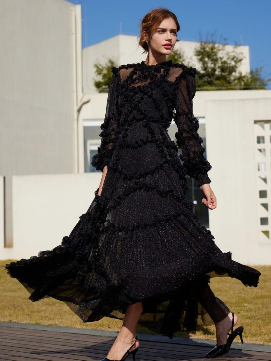 Elegant Jewel Neck Ruffles Illusion Long Sleeves High Collar Tulle Party Maxi Dresses