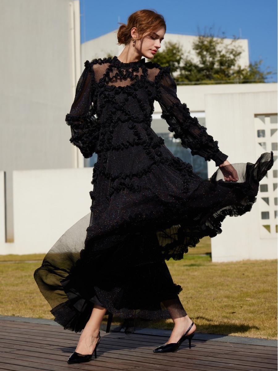 Elegant Jewel Neck Ruffles Illusion Long Sleeves High Collar Tulle Party Maxi Dresses