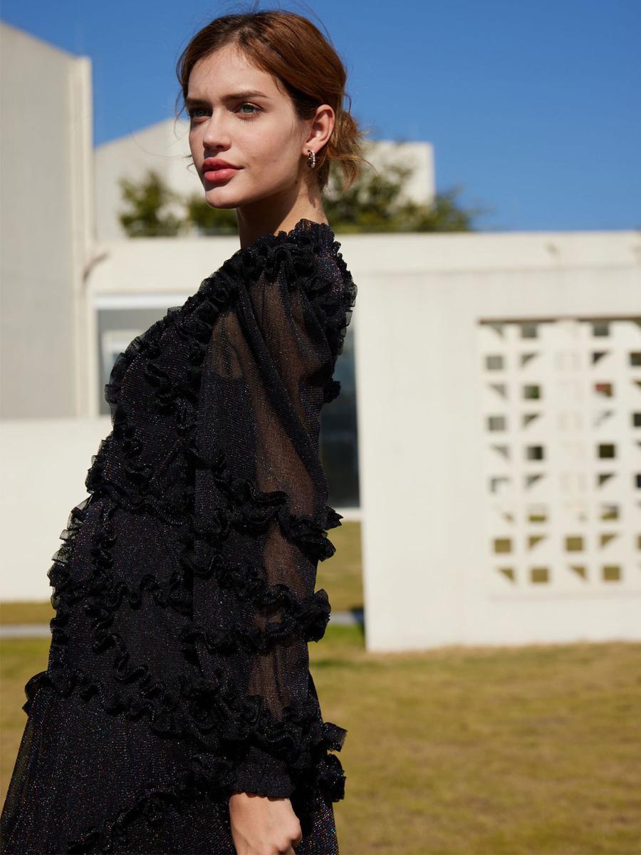 Elegant Jewel Neck Ruffles Illusion Long Sleeves High Collar Tulle Party Maxi Dresses
