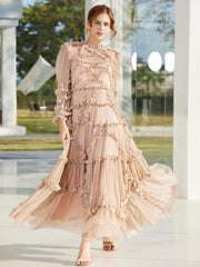 Elegant Jewel Neck Ruffles Illusion Long Sleeves High Collar Tulle Party Maxi Dresses