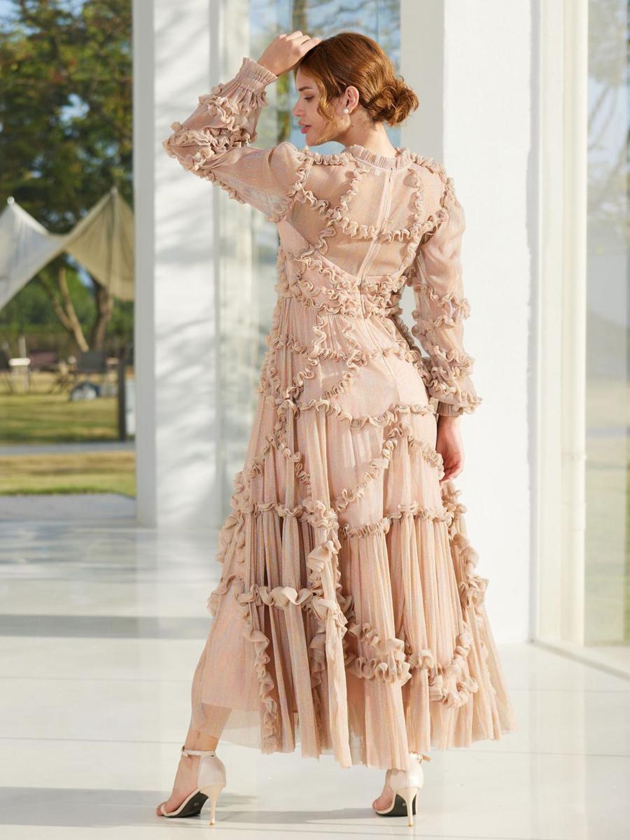 Elegant Jewel Neck Ruffles Illusion Long Sleeves High Collar Tulle Party Maxi Dresses