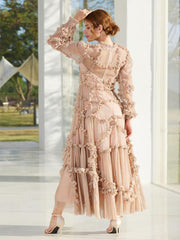 Elegant Jewel Neck Ruffles Illusion Long Sleeves High Collar Tulle Party Maxi Dresses