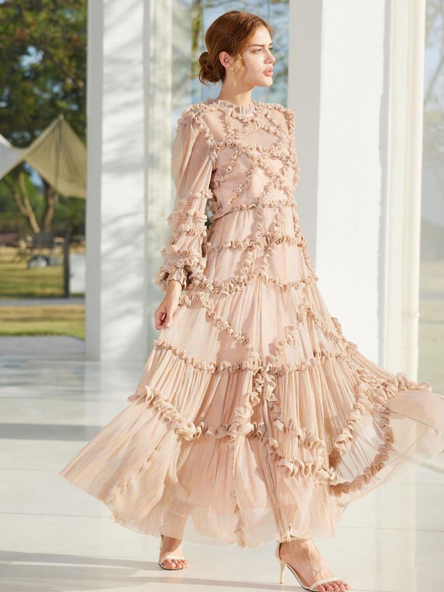 Elegant Jewel Neck Ruffles Illusion Long Sleeves High Collar Tulle Party Maxi Dresses
