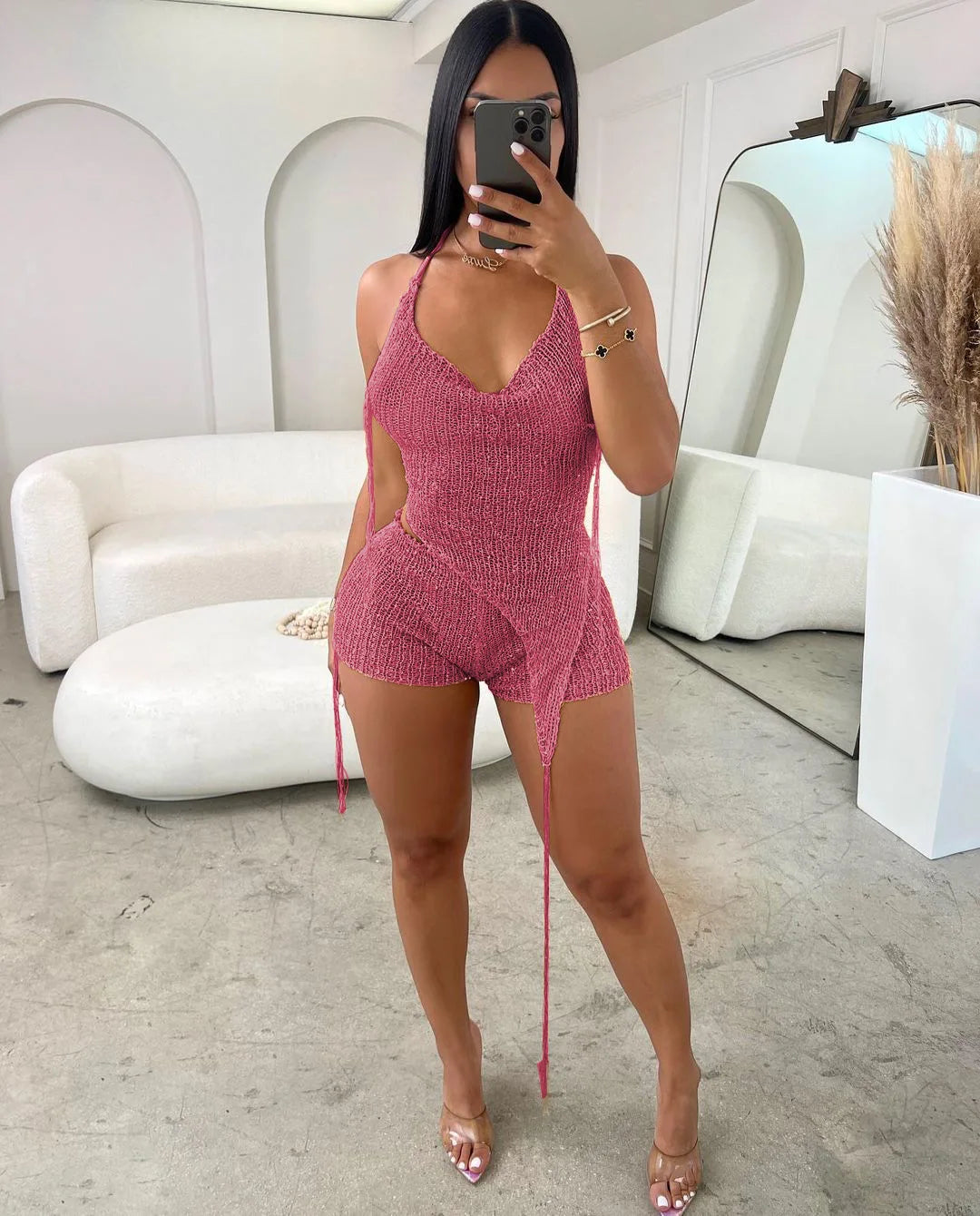 Elegant Knit Beach Backless Halter Irregular Top, Head Scarf And Shorts 3 Piece Sets