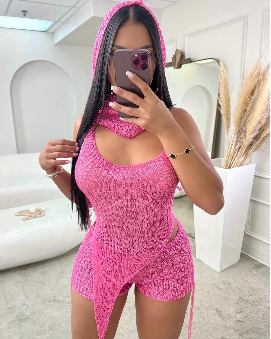 Elegant Knit Beach Backless Halter Irregular Top, Head Scarf And Shorts 3 Piece Sets