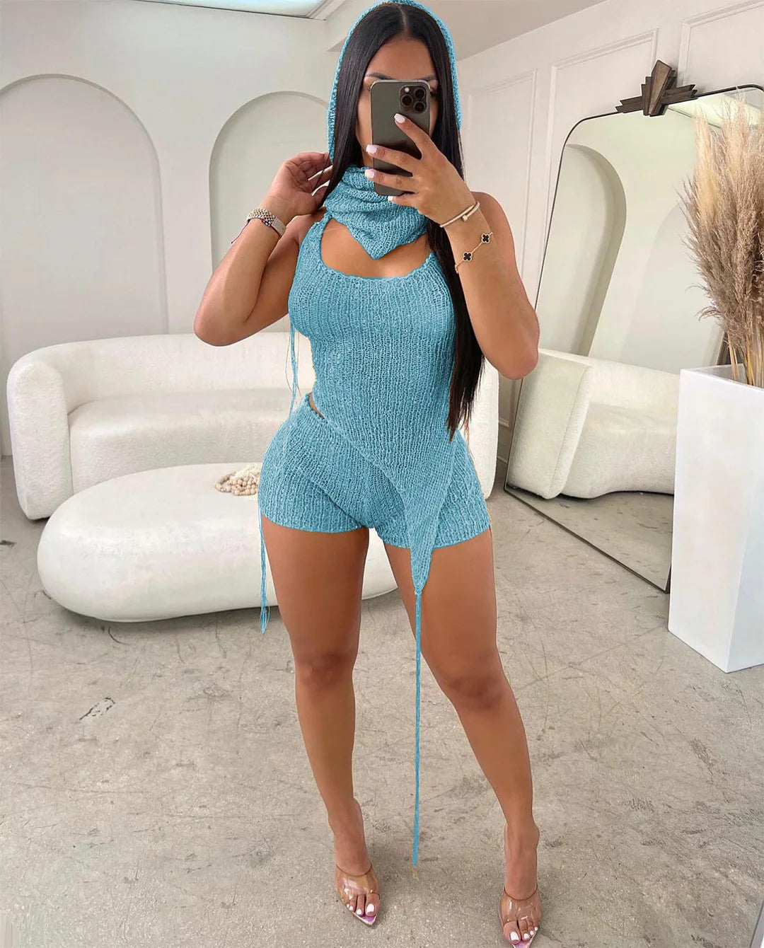 Elegant Knit Beach Backless Halter Irregular Top, Head Scarf And Shorts 3 Piece Sets