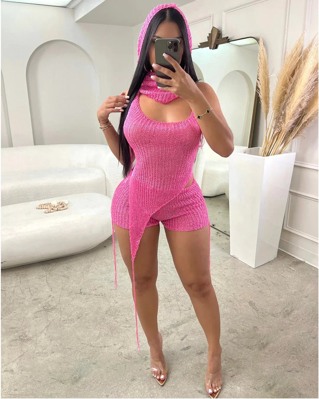 Elegant Knit Beach Backless Halter Irregular Top, Head Scarf And Shorts 3 Piece Sets