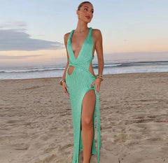 Elegant Knit Hollow Ribbed Backless V-neck High Slit Beach Style Long Dress