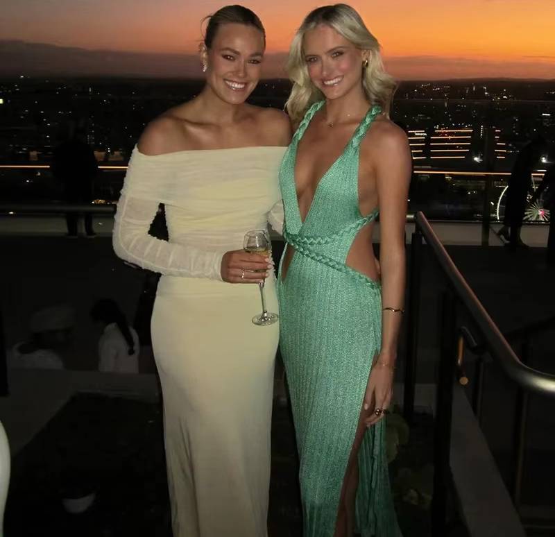 Elegant Knit Hollow Ribbed Backless V-neck High Slit Beach Style Long Dress