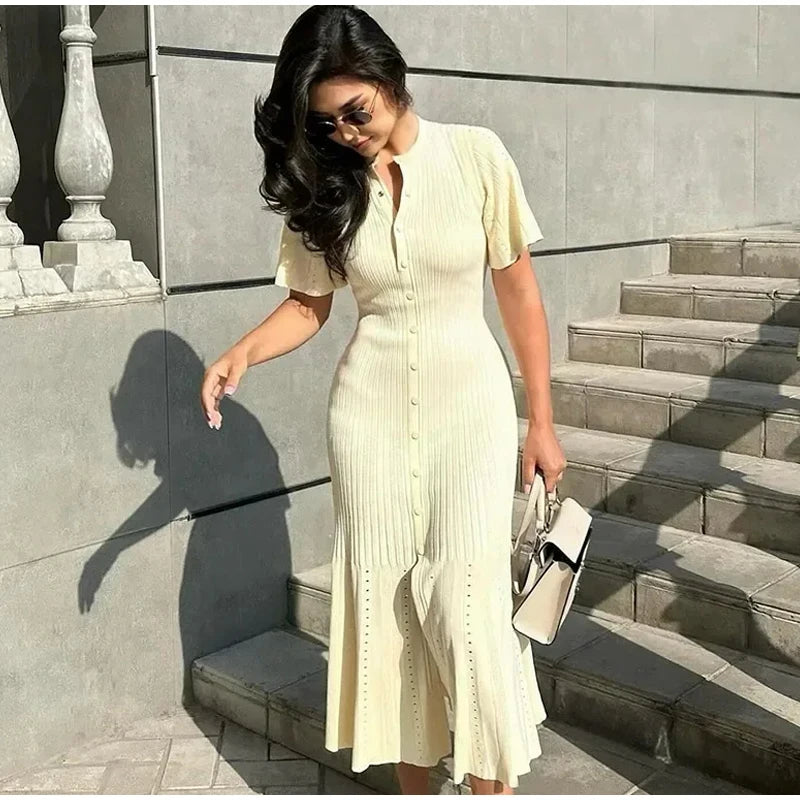 Elegant Knit Solid Single Package High Waist Short Sleeve O Neck Dresses