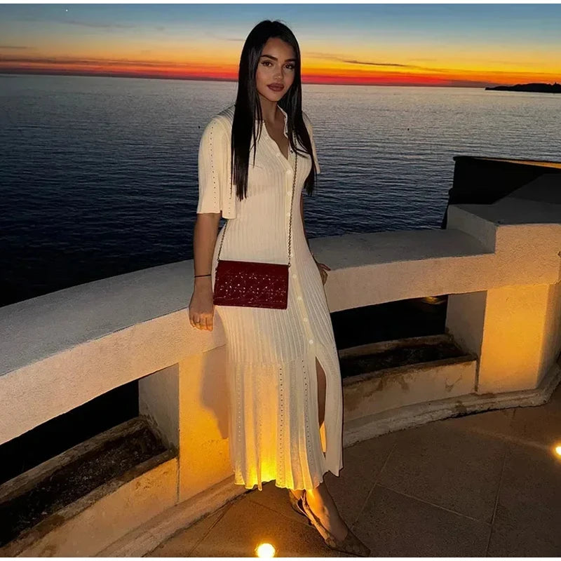 Elegant Knit Solid Single Package High Waist Short Sleeve O Neck Dresses
