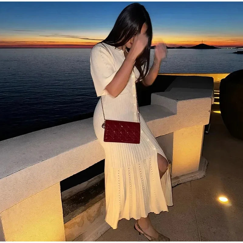 Elegant Knit Solid Single Package High Waist Short Sleeve O Neck Dresses
