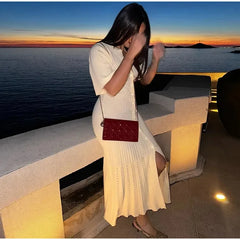 Elegant Knit Solid Single Package High Waist Short Sleeve O Neck Dresses