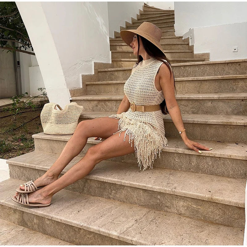 Elegant Knit Tassels Hollow Out O-neck Sleeveless Beach Style Mini Dress