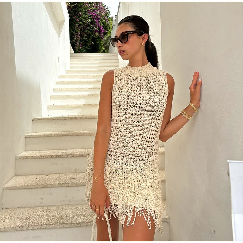 Elegant Knit Tassels Hollow Out O-neck Sleeveless Beach Style Mini Dress