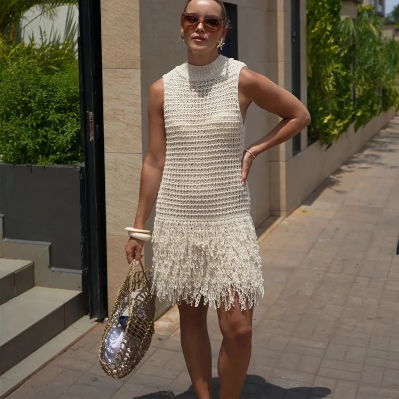 Elegant Knit Tassels Hollow Out O-neck Sleeveless Beach Style Mini Dress