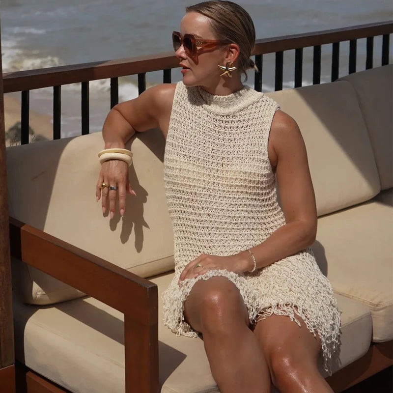 Elegant Knit Tassels Hollow Out O-neck Sleeveless Beach Style Mini Dress