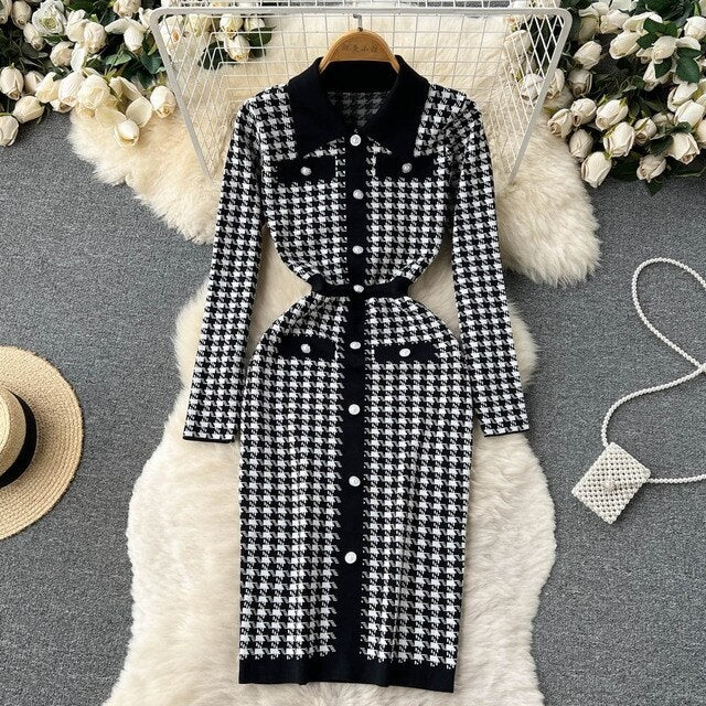 Elegant Knitted Long Sleeves Button Sweater Dress