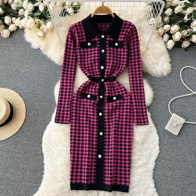 Elegant Knitted Long Sleeves Button Sweater Dress