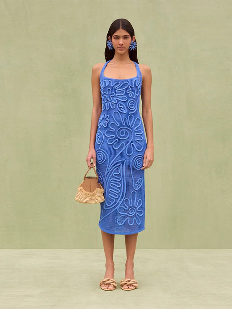 Elegant Knitted Sleeveless Backless Straight Through Robe Party Long Dress