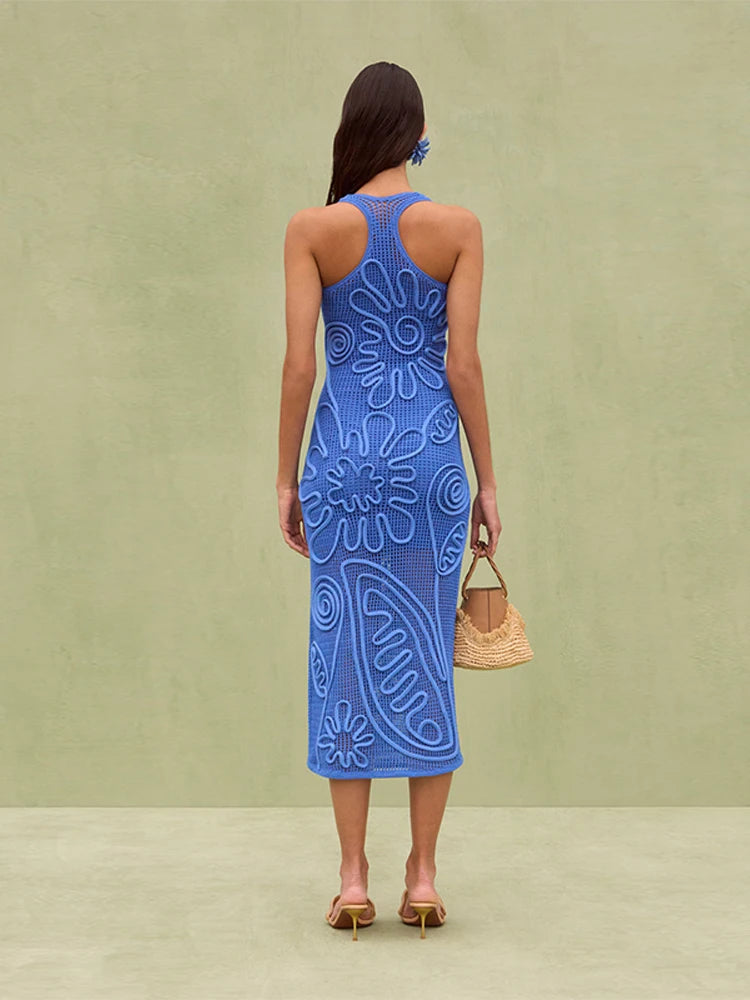 Elegant Knitted Sleeveless Backless Straight Through Robe Party Long Dress