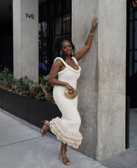 Elegant Knitted Tassel Hem Shoulder Straps Maxi Dress