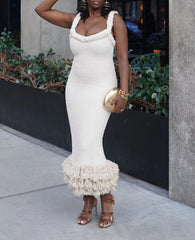 Elegant Knitted Tassel Hem Shoulder Straps Maxi Dress