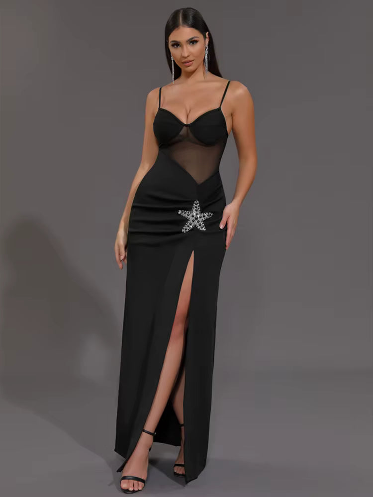 Elegant Knitted V Neck Starfish Mesh Spaghetti Strap Bandage Club Bodycon Maxi Long Dress