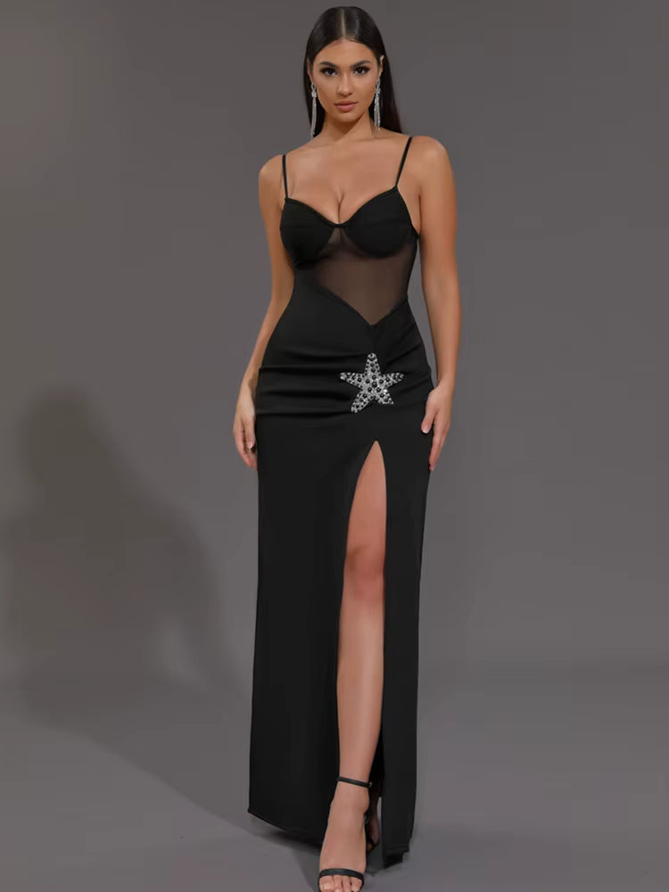 Elegant Knitted V Neck Starfish Mesh Spaghetti Strap Bandage Club Bodycon Maxi Long Dress
