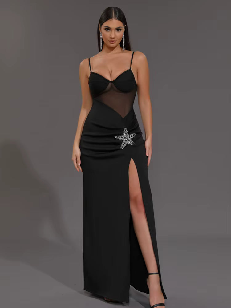 Elegant Knitted V Neck Starfish Mesh Spaghetti Strap Bandage Club Bodycon Maxi Long Dress