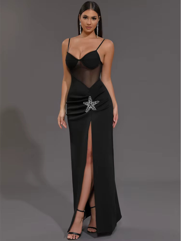 Elegant Knitted V Neck Starfish Mesh Spaghetti Strap Bandage Club Bodycon Maxi Long Dress