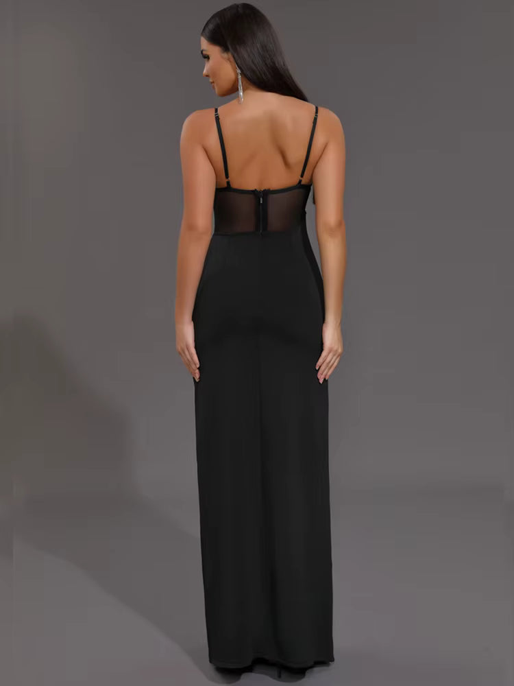 Elegant Knitted V Neck Starfish Mesh Spaghetti Strap Bandage Club Bodycon Maxi Long Dress