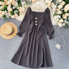 Elegant Korean Sleeve V Neck Solid A-line Streetwear Midi Long Dresses