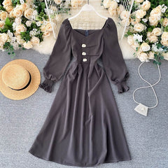 Elegant Korean Sleeve V Neck Solid A-line Streetwear Midi Long Dresses