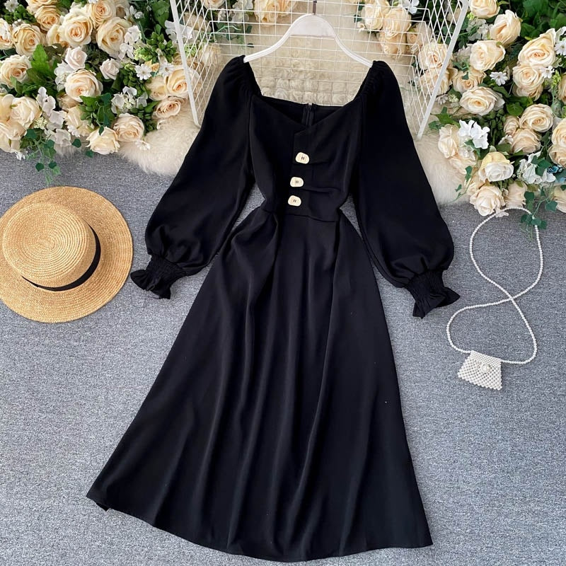 Elegant Korean Sleeve V Neck Solid A-line Streetwear Midi Long Dresses