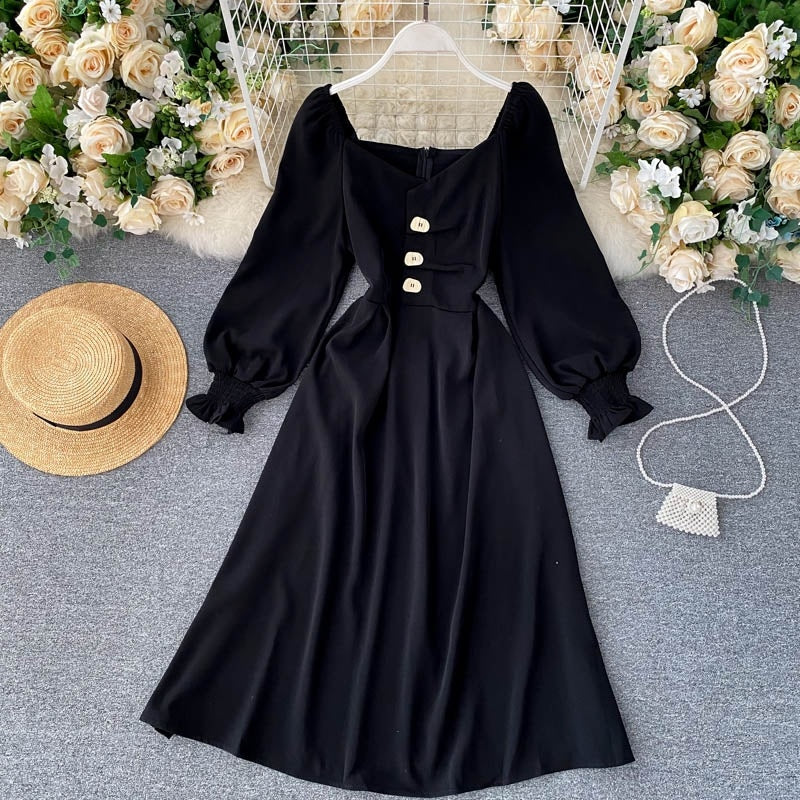 Elegant Korean Sleeve V Neck Solid A-line Streetwear Midi Long Dresses