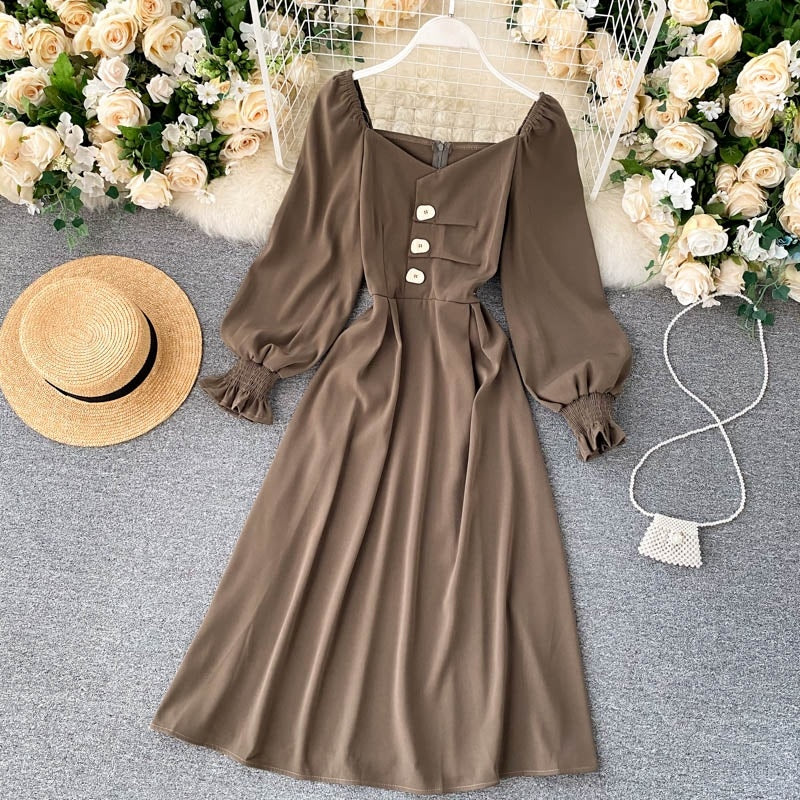 Elegant Korean Sleeve V Neck Solid A-line Streetwear Midi Long Dresses